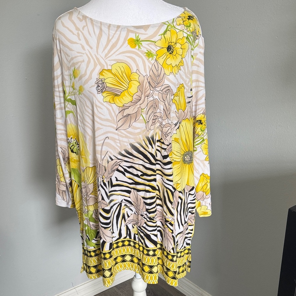 Susan Graver Yellow Floral Zebra Print cold shoulder Tunic